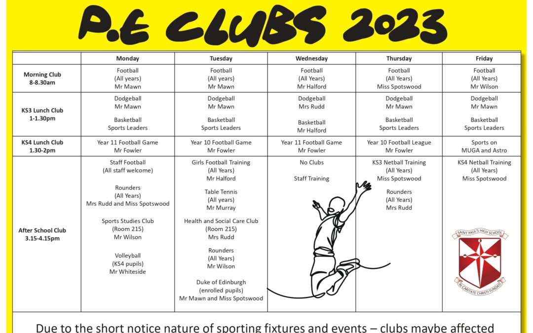 PE Extra-Curricular Clubs – Updated